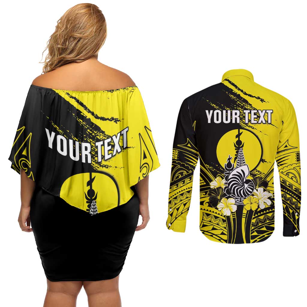 Personalised New Caledonia Day Couples Matching Off Shoulder Short Dress and Long Sleeve Button Shirt Kanaky Flag Coat Of Arms Polynesian Pattern LT05 - Polynesian Pride