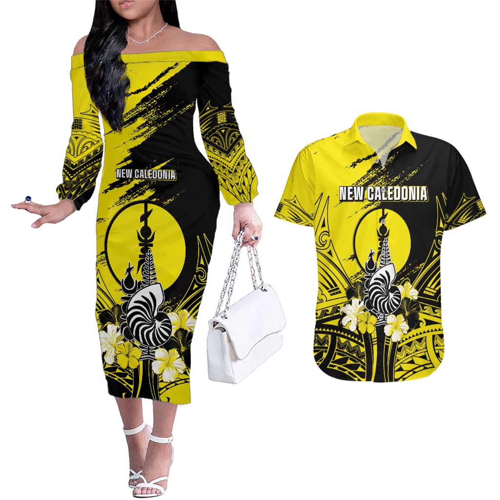 Personalised New Caledonia Day Couples Matching Off The Shoulder Long Sleeve Dress and Hawaiian Shirt Kanaky Flag Coat Of Arms Polynesian Pattern LT05 Yellow - Polynesian Pride