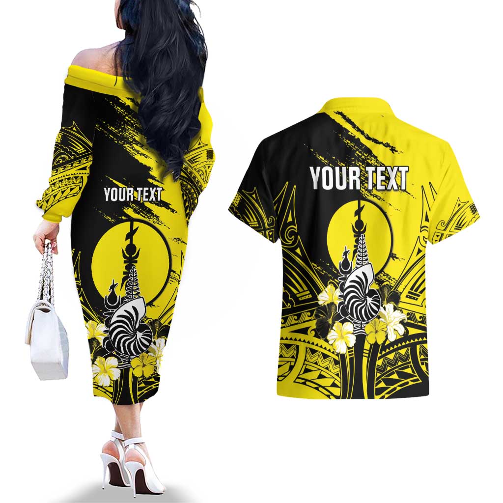 Personalised New Caledonia Day Couples Matching Off The Shoulder Long Sleeve Dress and Hawaiian Shirt Kanaky Flag Coat Of Arms Polynesian Pattern LT05 - Polynesian Pride