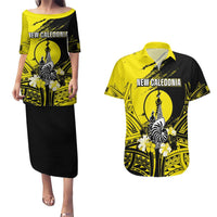 Personalised New Caledonia Day Couples Matching Puletasi and Hawaiian Shirt Kanaky Flag Coat Of Arms Polynesian Pattern LT05 Yellow - Polynesian Pride