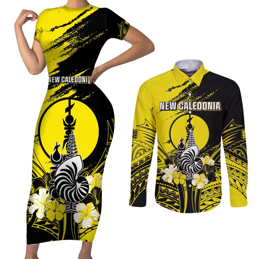 Personalised New Caledonia Day Couples Matching Short Sleeve Bodycon Dress and Long Sleeve Button Shirt Kanaky Flag Coat Of Arms Polynesian Pattern LT05 Yellow - Polynesian Pride