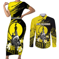 Personalised New Caledonia Day Couples Matching Short Sleeve Bodycon Dress and Long Sleeve Button Shirt Kanaky Flag Coat Of Arms Polynesian Pattern LT05 Yellow - Polynesian Pride