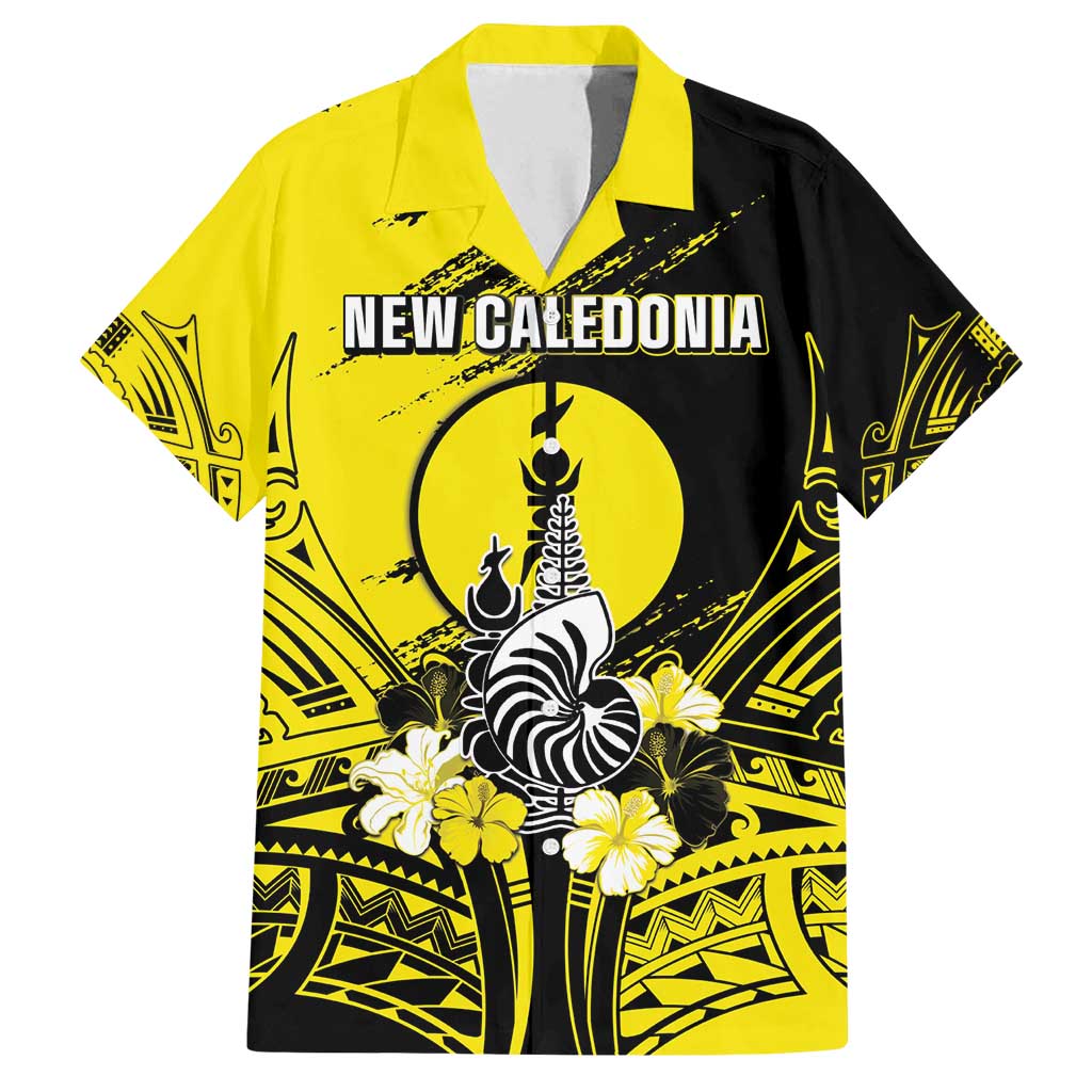 Personalised New Caledonia Day Family Matching Off Shoulder Maxi Dress and Hawaiian Shirt Kanaky Flag Coat Of Arms Polynesian Pattern LT05 Dad's Shirt - Short Sleeve Yellow - Polynesian Pride
