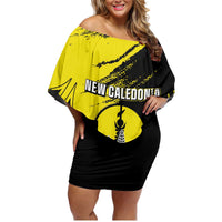Personalised New Caledonia Day Family Matching Off Shoulder Short Dress and Hawaiian Shirt Kanaky Flag Coat Of Arms Polynesian Pattern LT05 Mom's Dress Yellow - Polynesian Pride