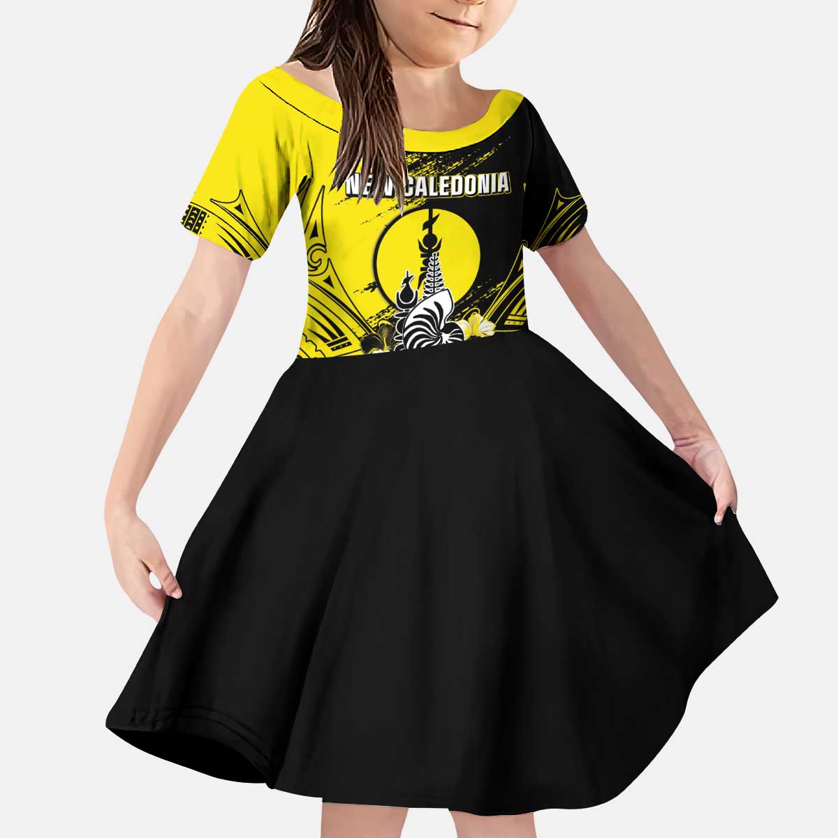 Personalised New Caledonia Day Family Matching Puletasi and Hawaiian Shirt Kanaky Flag Coat Of Arms Polynesian Pattern LT05 Daughter's Dress Yellow - Polynesian Pride