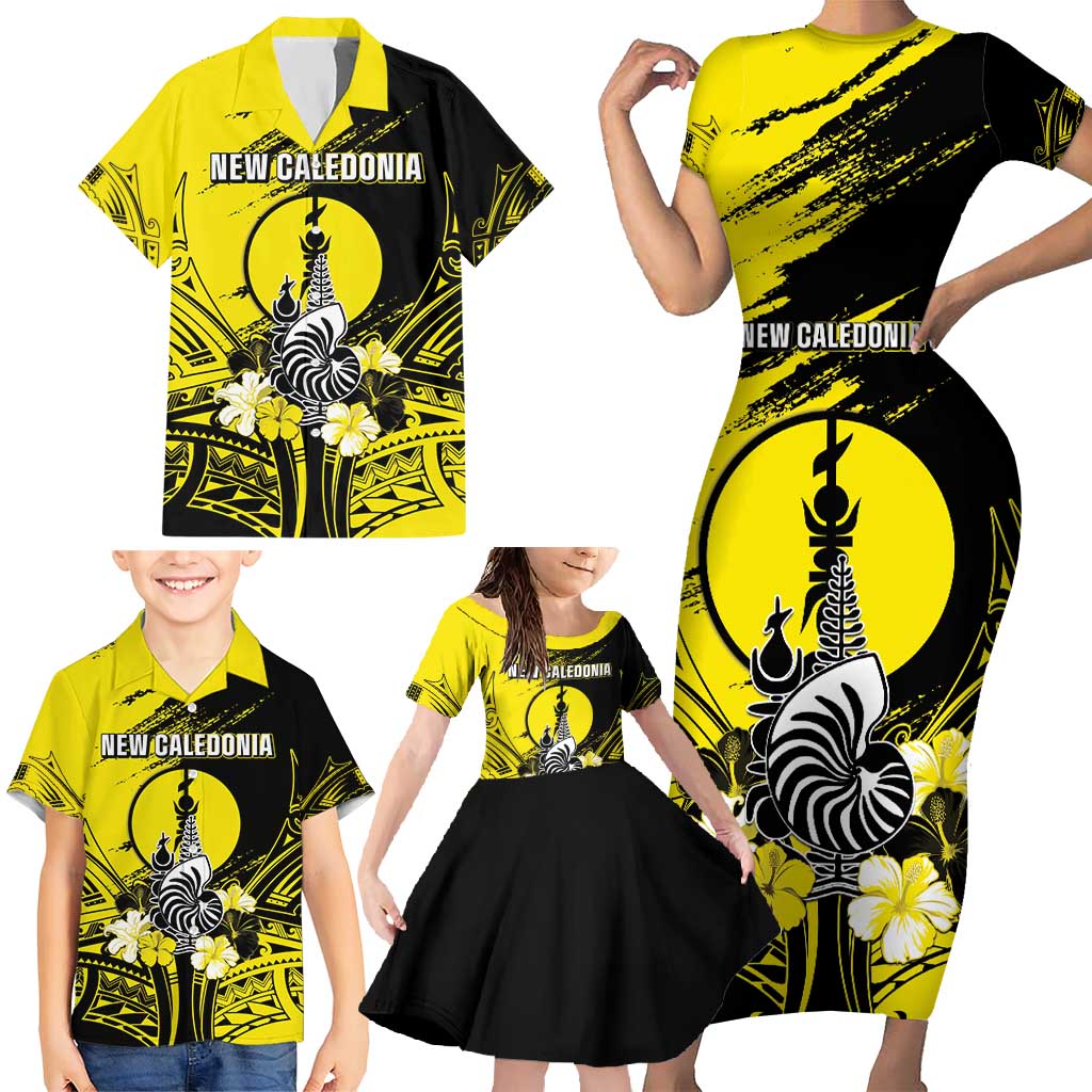 Personalised New Caledonia Day Family Matching Short Sleeve Bodycon Dress and Hawaiian Shirt Kanaky Flag Coat Of Arms Polynesian Pattern LT05 - Polynesian Pride