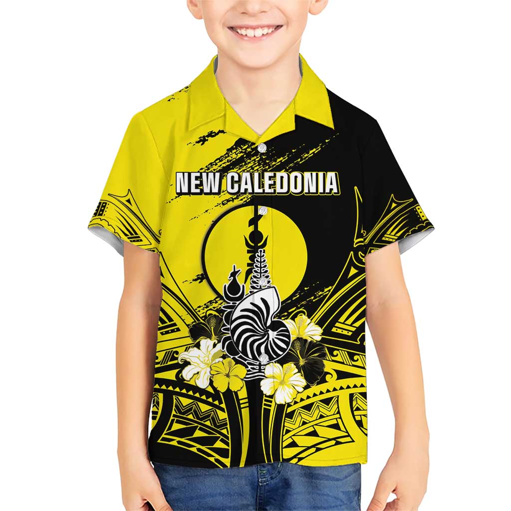 Personalised New Caledonia Day Family Matching Short Sleeve Bodycon Dress and Hawaiian Shirt Kanaky Flag Coat Of Arms Polynesian Pattern LT05 Son's Shirt Yellow - Polynesian Pride