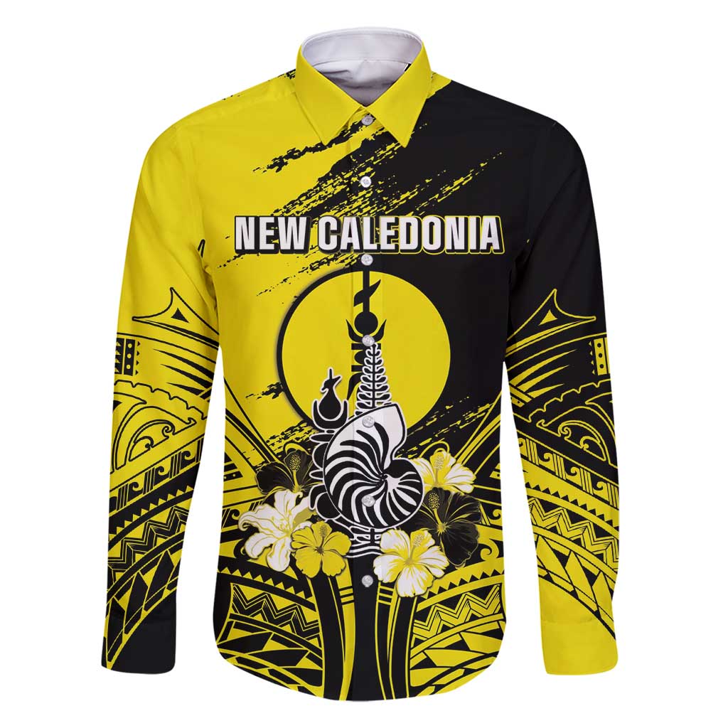 Personalised New Caledonia Day Family Matching Tank Maxi Dress and Hawaiian Shirt Kanaky Flag Coat Of Arms Polynesian Pattern LT05 Dad's Shirt - Long Sleeve Yellow - Polynesian Pride