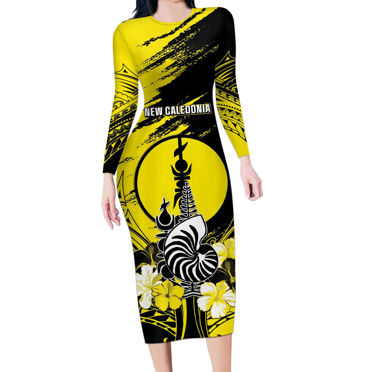 Personalised New Caledonia Day Long Sleeve Bodycon Dress Kanaky Flag Coat Of Arms Polynesian Pattern LT05 Long Dress Yellow - Polynesian Pride