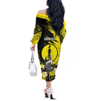 Personalised New Caledonia Day Off The Shoulder Long Sleeve Dress Kanaky Flag Coat Of Arms Polynesian Pattern LT05 - Polynesian Pride
