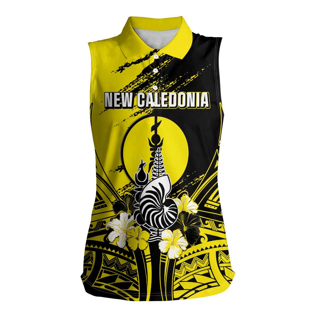 Personalised New Caledonia Day Women Sleeveless Polo Shirt Kanaky Flag Coat Of Arms Polynesian Pattern LT05 Female Yellow - Polynesian Pride