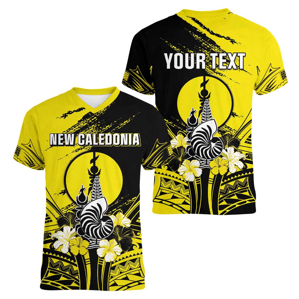 Personalised New Caledonia Day Women V-Neck T-Shirt Kanaky Flag Coat Of Arms Polynesian Pattern LT05 - Polynesian Pride
