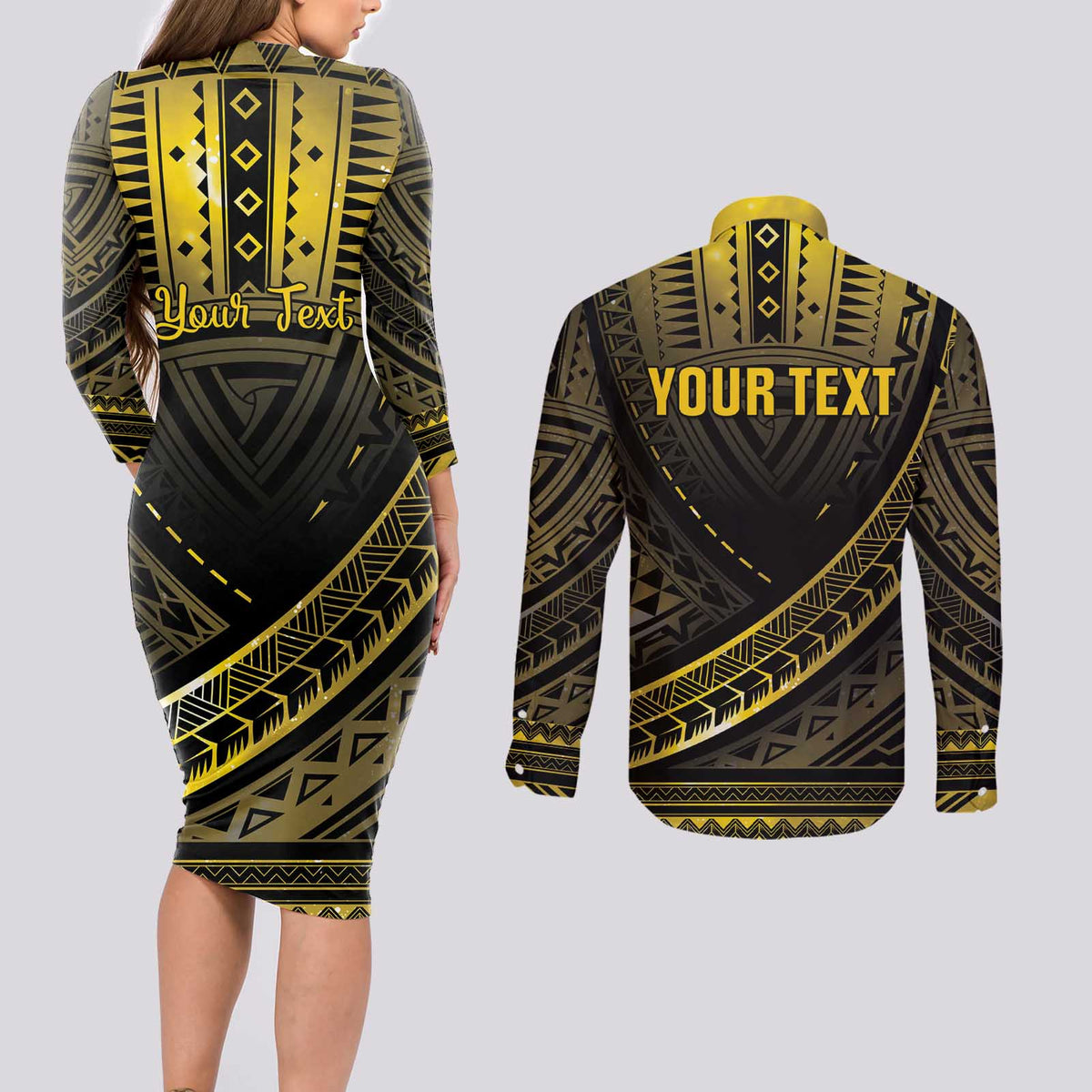 Personalised Polynesia Childhood Cancer Awareness Couples Matching Long Sleeve Bodycon Dress and Long Sleeve Button Shirt You Are Stronger Than Cancer LT05 - Polynesian Pride