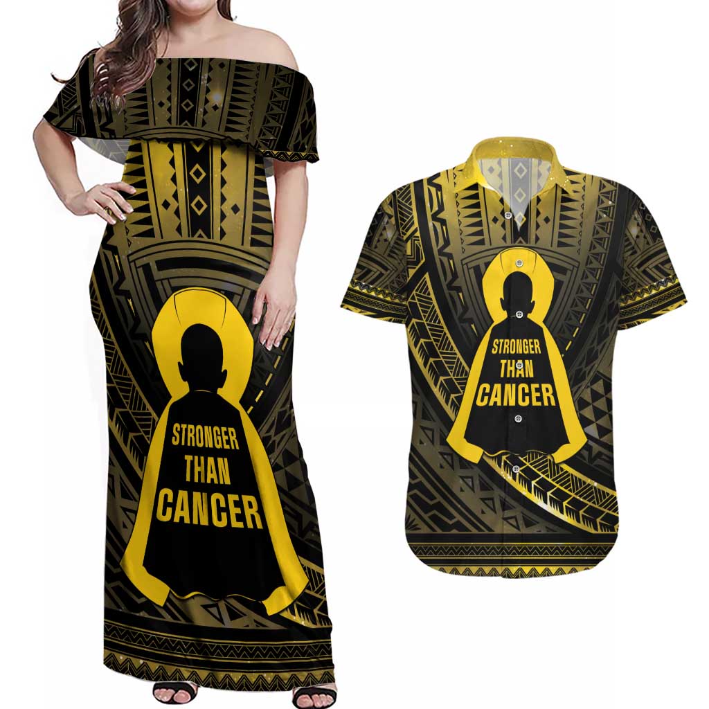 Personalised Polynesia Childhood Cancer Awareness Couples Matching Off Shoulder Maxi Dress and Hawaiian Shirt You Are Stronger Than Cancer LT05 Black - Polynesian Pride