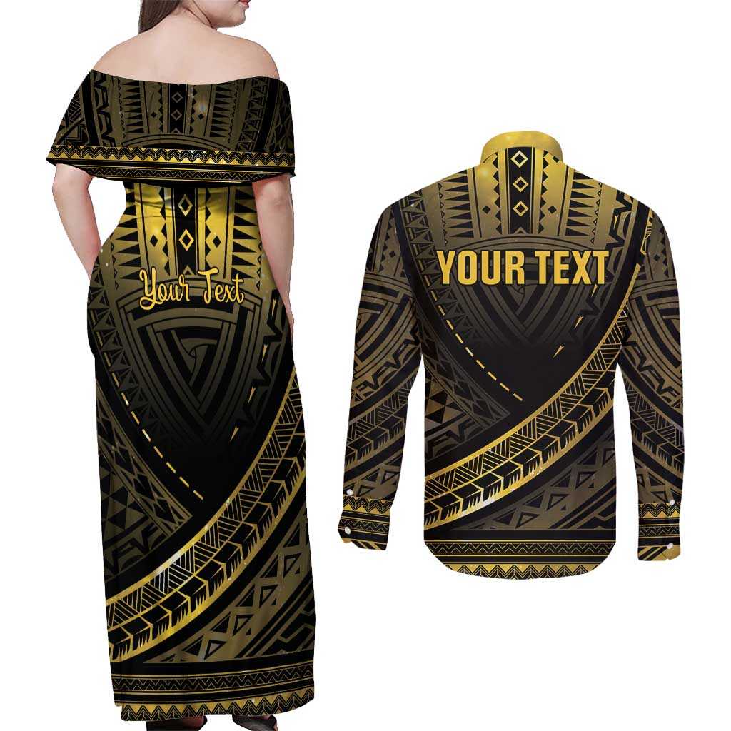 Personalised Polynesia Childhood Cancer Awareness Couples Matching Off Shoulder Maxi Dress and Long Sleeve Button Shirt You Are Stronger Than Cancer LT05 - Polynesian Pride