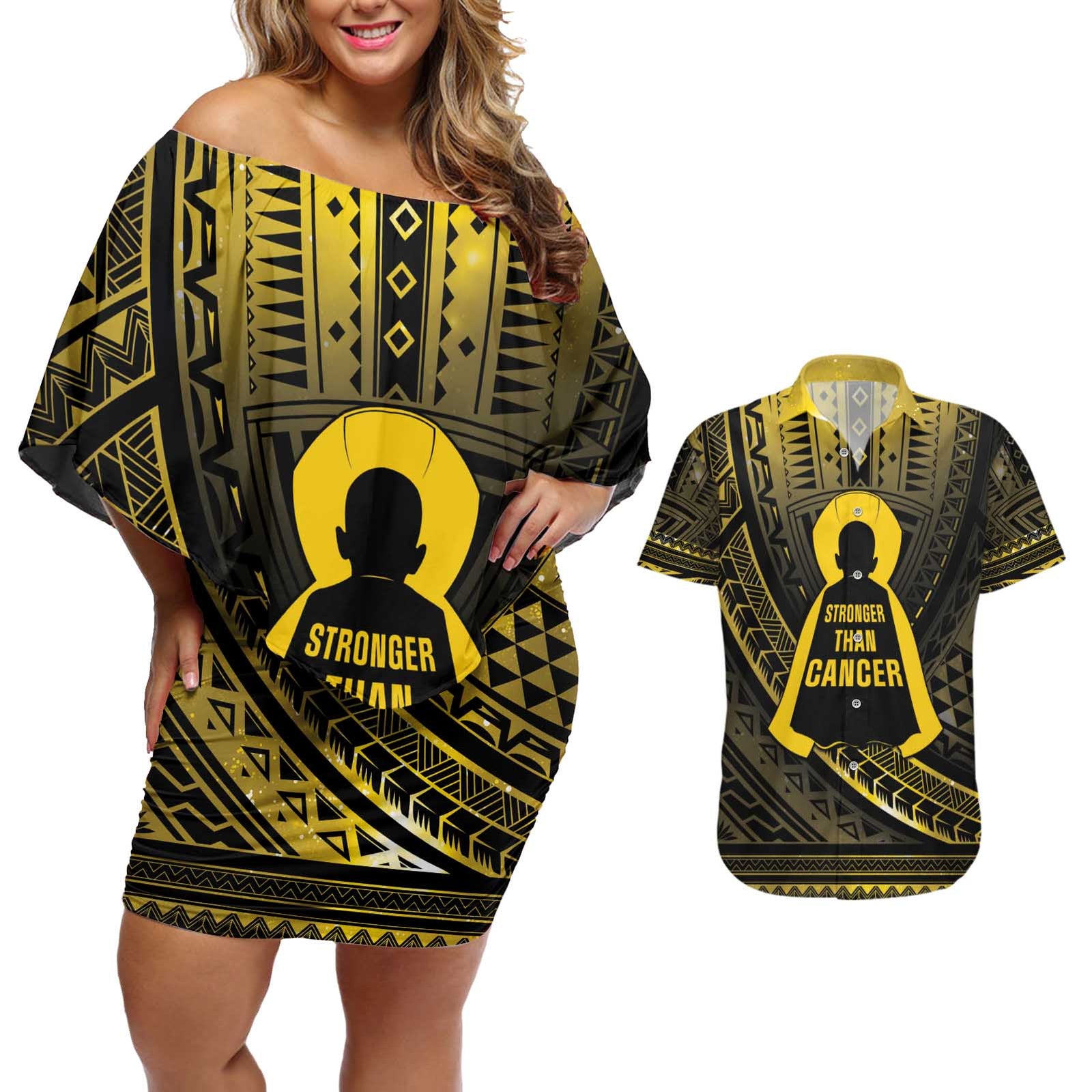 Personalised Polynesia Childhood Cancer Awareness Couples Matching Off Shoulder Short Dress and Hawaiian Shirt You Are Stronger Than Cancer LT05 Black - Polynesian Pride