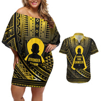 Personalised Polynesia Childhood Cancer Awareness Couples Matching Off Shoulder Short Dress and Hawaiian Shirt You Are Stronger Than Cancer LT05 Black - Polynesian Pride
