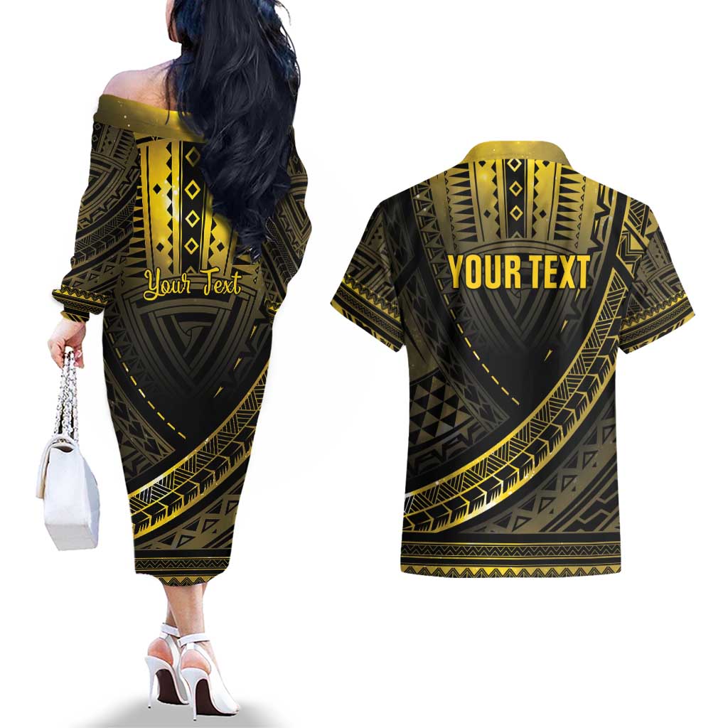 Personalised Polynesia Childhood Cancer Awareness Couples Matching Off The Shoulder Long Sleeve Dress and Hawaiian Shirt You Are Stronger Than Cancer LT05 - Polynesian Pride