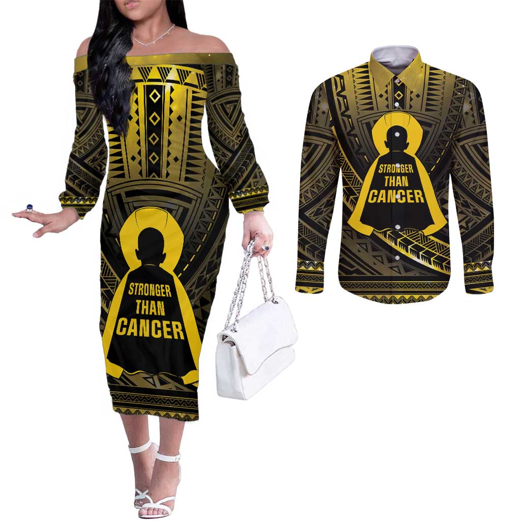 Personalised Polynesia Childhood Cancer Awareness Couples Matching Off The Shoulder Long Sleeve Dress and Long Sleeve Button Shirt You Are Stronger Than Cancer LT05 Black - Polynesian Pride