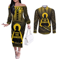 Personalised Polynesia Childhood Cancer Awareness Couples Matching Off The Shoulder Long Sleeve Dress and Long Sleeve Button Shirt You Are Stronger Than Cancer LT05 Black - Polynesian Pride