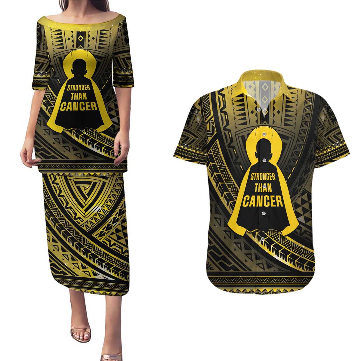 Personalised Polynesia Childhood Cancer Awareness Couples Matching Puletasi and Hawaiian Shirt You Are Stronger Than Cancer LT05 Black - Polynesian Pride