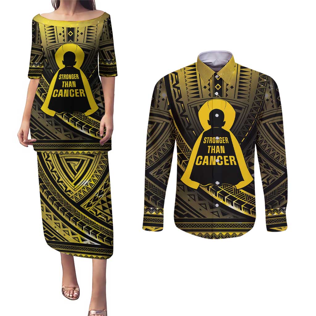 Personalised Polynesia Childhood Cancer Awareness Couples Matching Puletasi and Long Sleeve Button Shirt You Are Stronger Than Cancer LT05 Black - Polynesian Pride