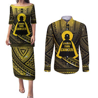 Personalised Polynesia Childhood Cancer Awareness Couples Matching Puletasi and Long Sleeve Button Shirt You Are Stronger Than Cancer LT05 Black - Polynesian Pride