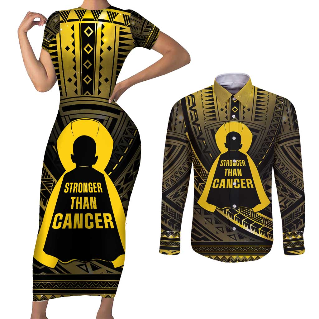 Personalised Polynesia Childhood Cancer Awareness Couples Matching Short Sleeve Bodycon Dress and Long Sleeve Button Shirt You Are Stronger Than Cancer LT05 Black - Polynesian Pride