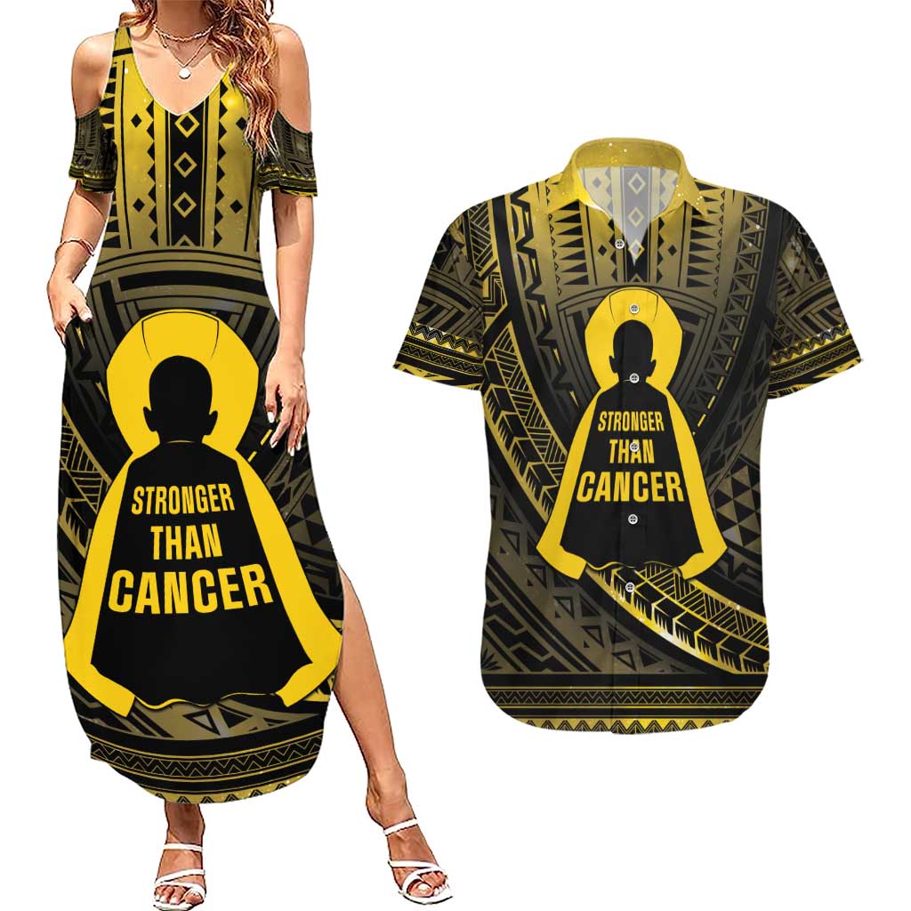 Personalised Polynesia Childhood Cancer Awareness Couples Matching Summer Maxi Dress and Hawaiian Shirt You Are Stronger Than Cancer LT05 Black - Polynesian Pride