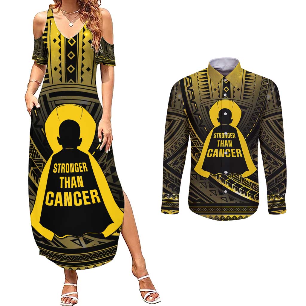 Personalised Polynesia Childhood Cancer Awareness Couples Matching Summer Maxi Dress and Long Sleeve Button Shirt You Are Stronger Than Cancer LT05 Black - Polynesian Pride