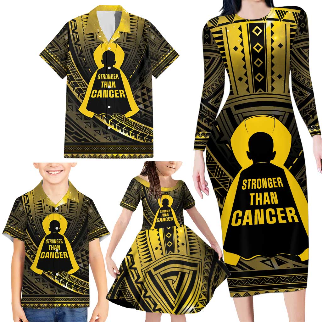 Personalised Polynesia Childhood Cancer Awareness Family Matching Long Sleeve Bodycon Dress and Hawaiian Shirt You Are Stronger Than Cancer LT05 - Polynesian Pride