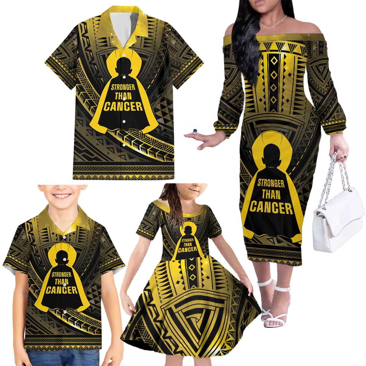 Personalised Polynesia Childhood Cancer Awareness Family Matching Off The Shoulder Long Sleeve Dress and Hawaiian Shirt You Are Stronger Than Cancer LT05 - Polynesian Pride