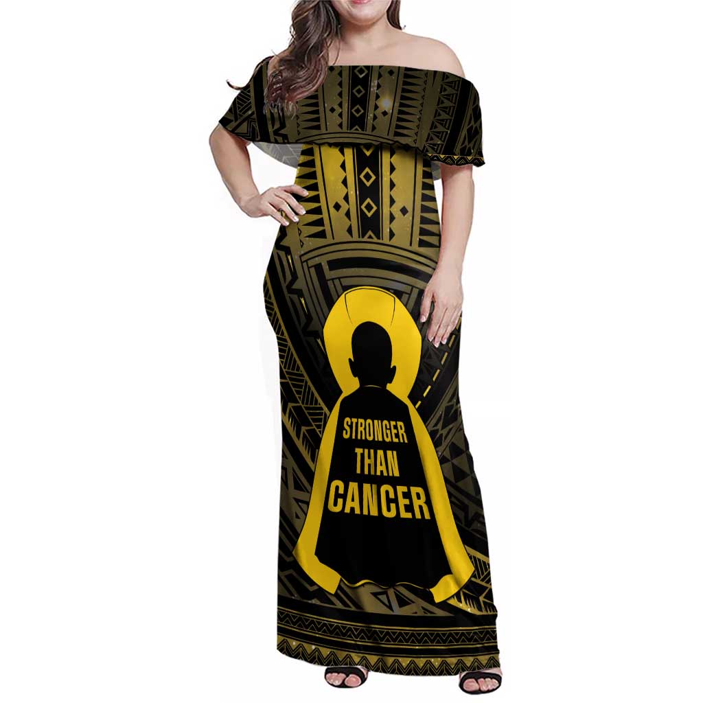 Personalised Polynesia Childhood Cancer Awareness Family Matching Off Shoulder Maxi Dress and Hawaiian Shirt You Are Stronger Than Cancer LT05 Mom's Dress Black - Polynesian Pride