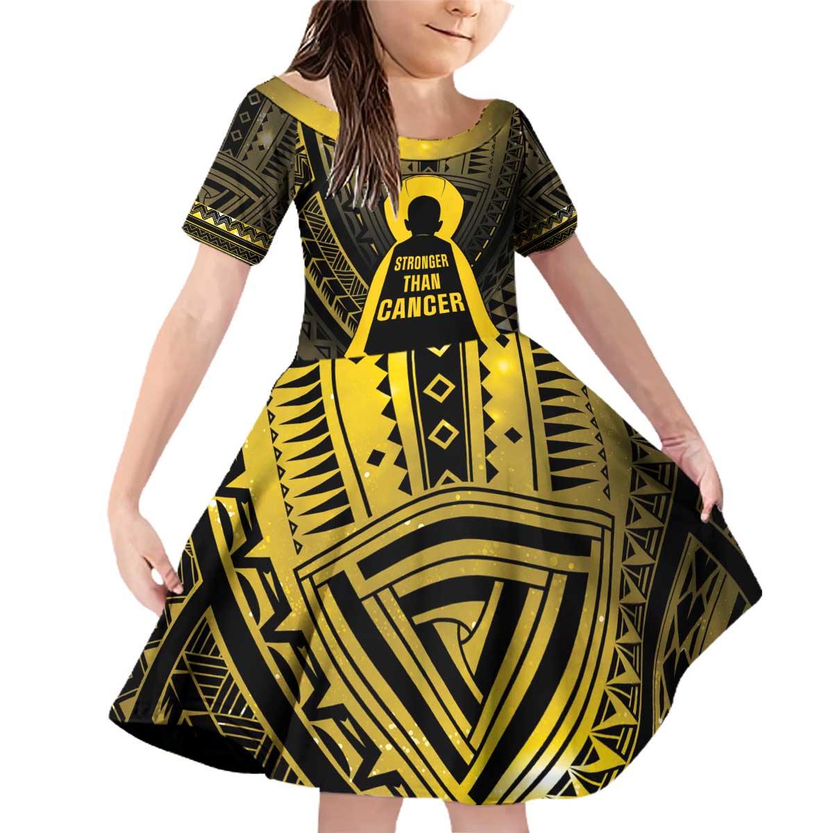 Personalised Polynesia Childhood Cancer Awareness Family Matching Off Shoulder Short Dress and Hawaiian Shirt You Are Stronger Than Cancer LT05 Daughter's Dress Black - Polynesian Pride