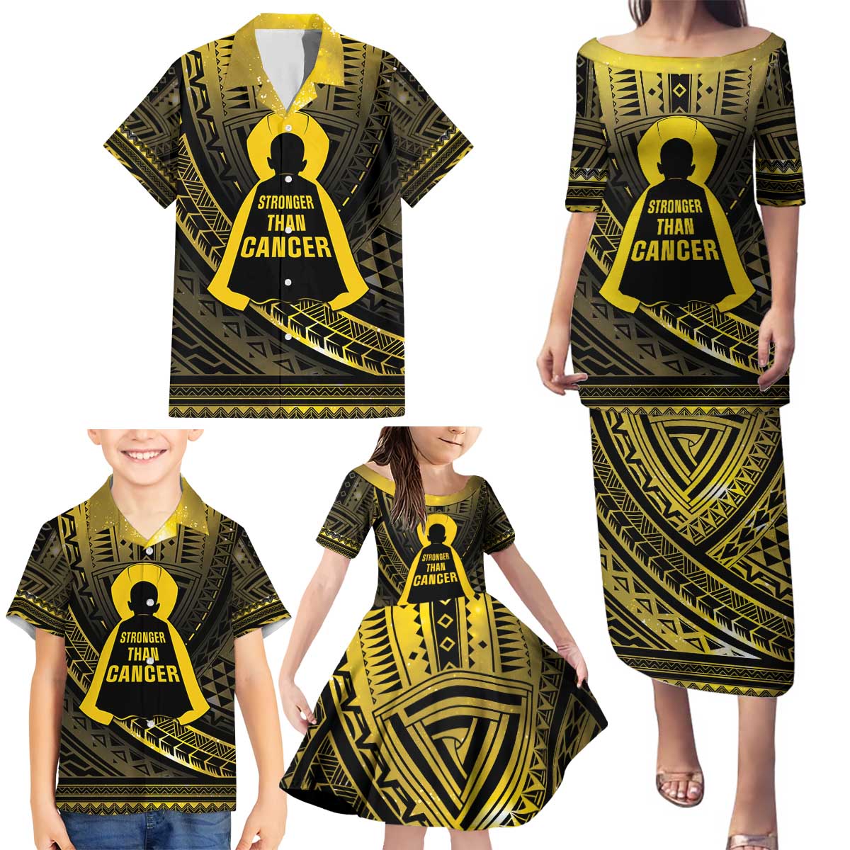 Personalised Polynesia Childhood Cancer Awareness Family Matching Puletasi and Hawaiian Shirt You Are Stronger Than Cancer LT05 - Polynesian Pride