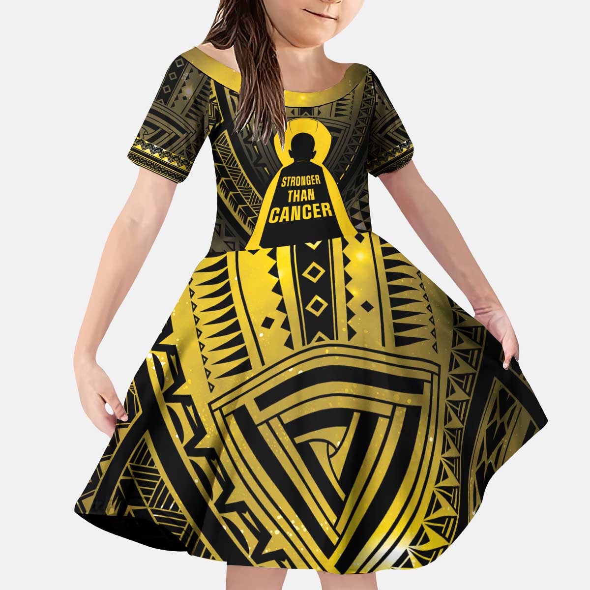 Personalised Polynesia Childhood Cancer Awareness Kid Short Sleeve Dress You Are Stronger Than Cancer LT05 KID Black - Polynesian Pride