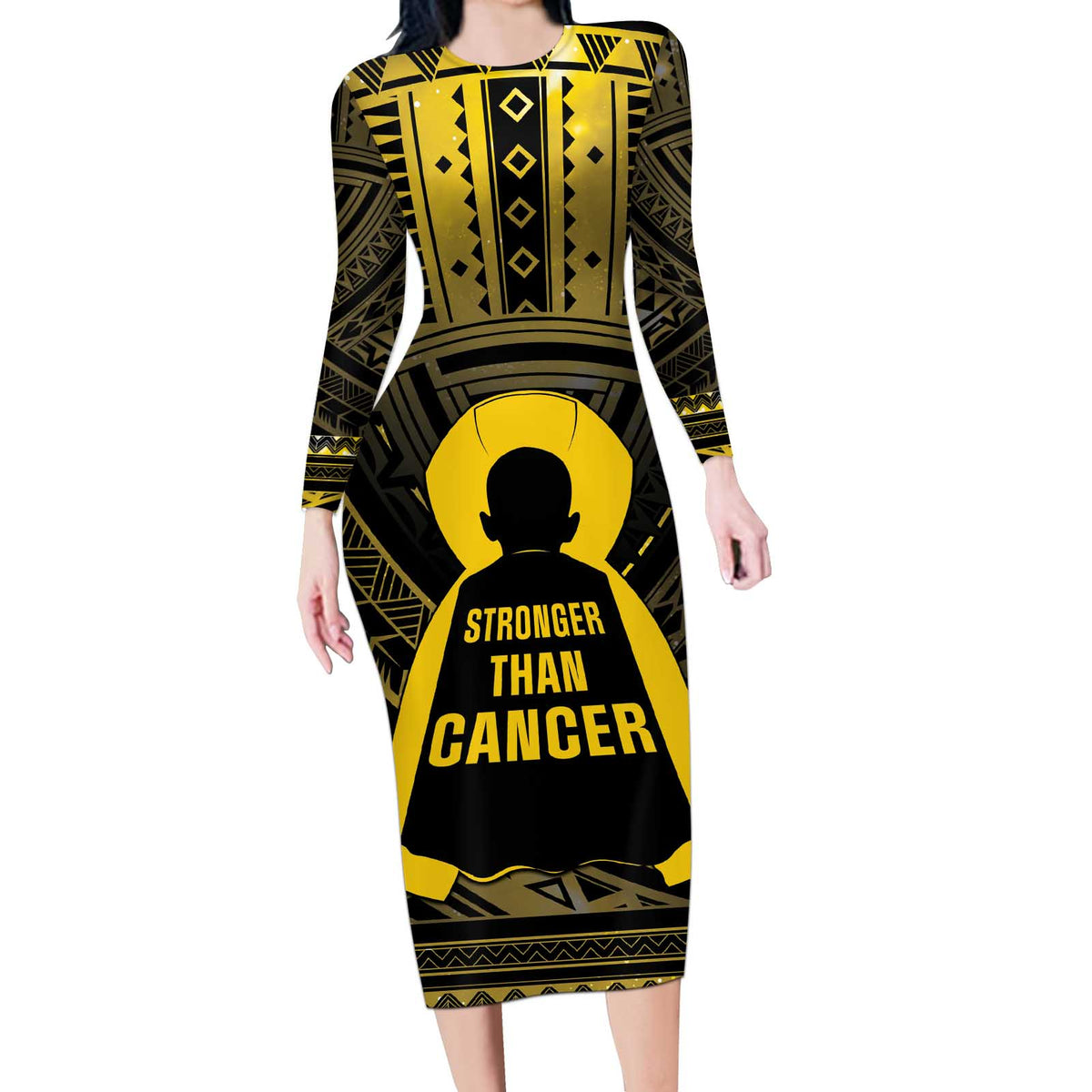Personalised Polynesia Childhood Cancer Awareness Long Sleeve Bodycon Dress You Are Stronger Than Cancer LT05 Long Dress Black - Polynesian Pride