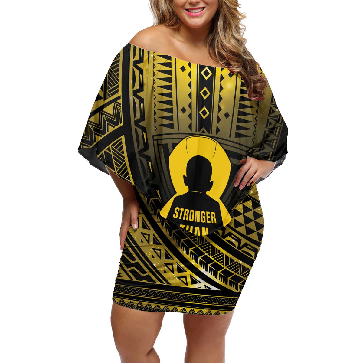 Personalised Polynesia Childhood Cancer Awareness Off Shoulder Short Dress You Are Stronger Than Cancer LT05 Women Black - Polynesian Pride