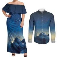 New Zealand Matariki Couples Matching Off Shoulder Maxi Dress and Long Sleeve Button Shirt Maori Waka With Silver Fern LT05 Navy - Polynesian Pride