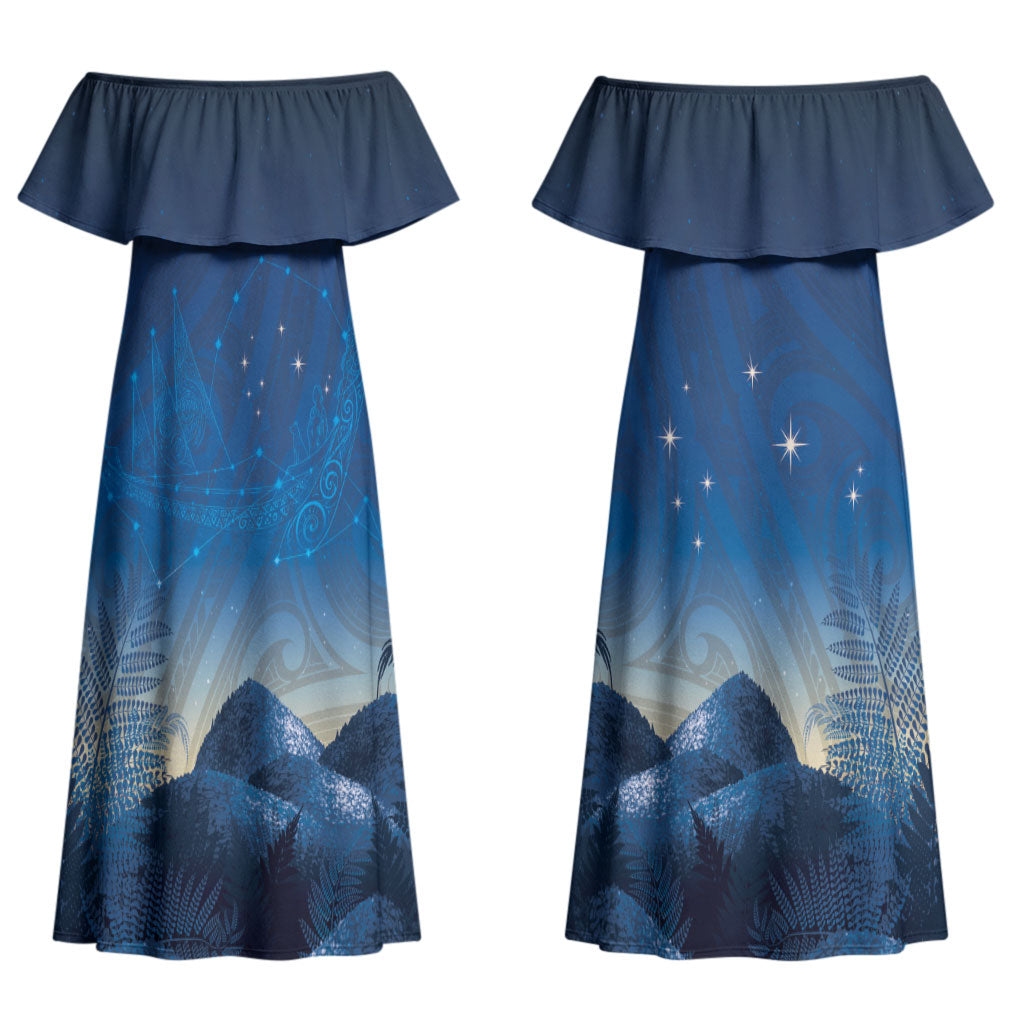 New Zealand Matariki Couples Matching Off Shoulder Maxi Dress and Long Sleeve Button Shirt Maori Waka With Silver Fern LT05 - Polynesian Pride
