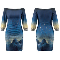 New Zealand Matariki Couples Matching Off The Shoulder Long Sleeve Dress and Long Sleeve Button Shirt Maori Waka With Silver Fern LT05 - Polynesian Pride