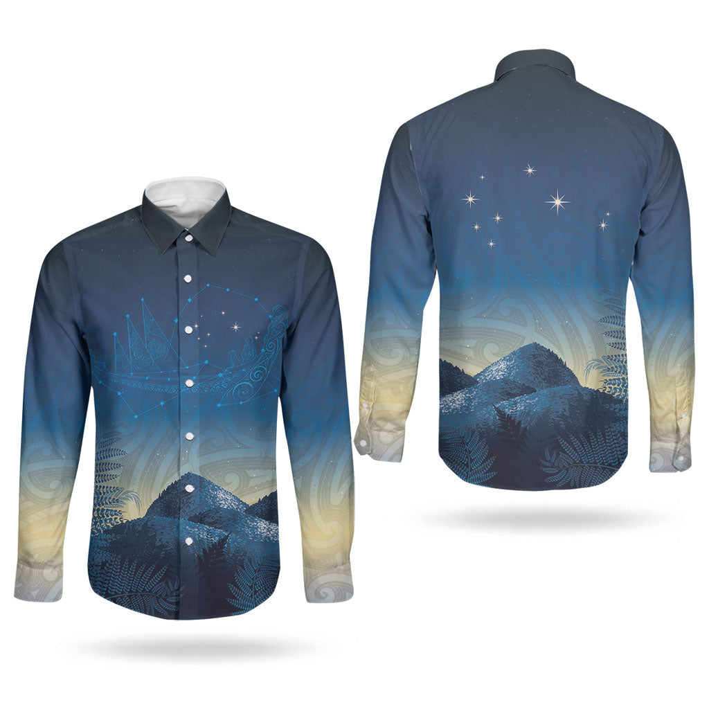 New Zealand Matariki Couples Matching Summer Maxi Dress and Long Sleeve Button Shirt Maori Waka With Silver Fern LT05 - Polynesian Pride