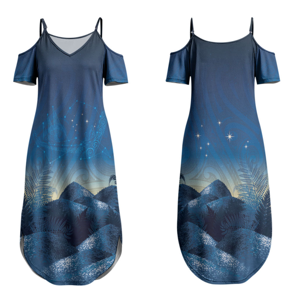 New Zealand Matariki Couples Matching Summer Maxi Dress and Long Sleeve Button Shirt Maori Waka With Silver Fern LT05 - Polynesian Pride
