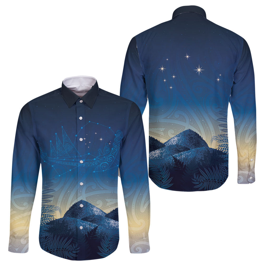 New Zealand Matariki Family Matching Long Sleeve Bodycon Dress and Hawaiian Shirt Maori Waka With Silver Fern LT05 Dad's Shirt - Long Sleeve Navy - Polynesian Pride