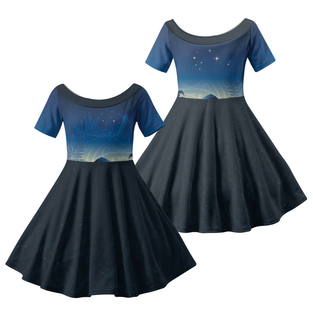 New Zealand Matariki Family Matching Long Sleeve Bodycon Dress and Hawaiian Shirt Maori Waka With Silver Fern LT05 Daughter's Dress Navy - Polynesian Pride