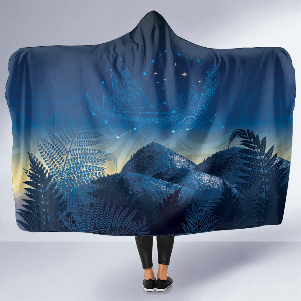 New Zealand Matariki Hooded Blanket Maori Waka With Silver Fern LT05 One Size Navy - Polynesian Pride