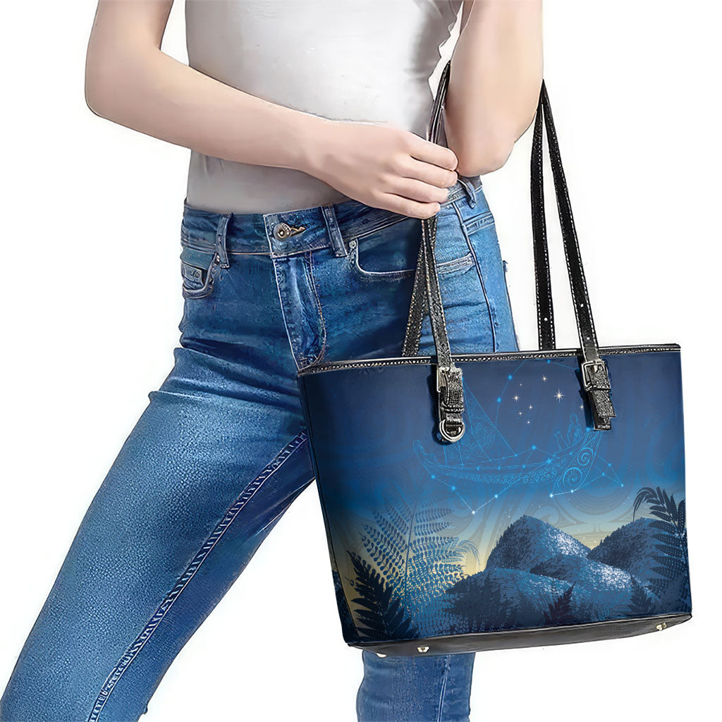 New Zealand Matariki Leather Tote Bag Maori Waka With Silver Fern LT05 - Polynesian Pride