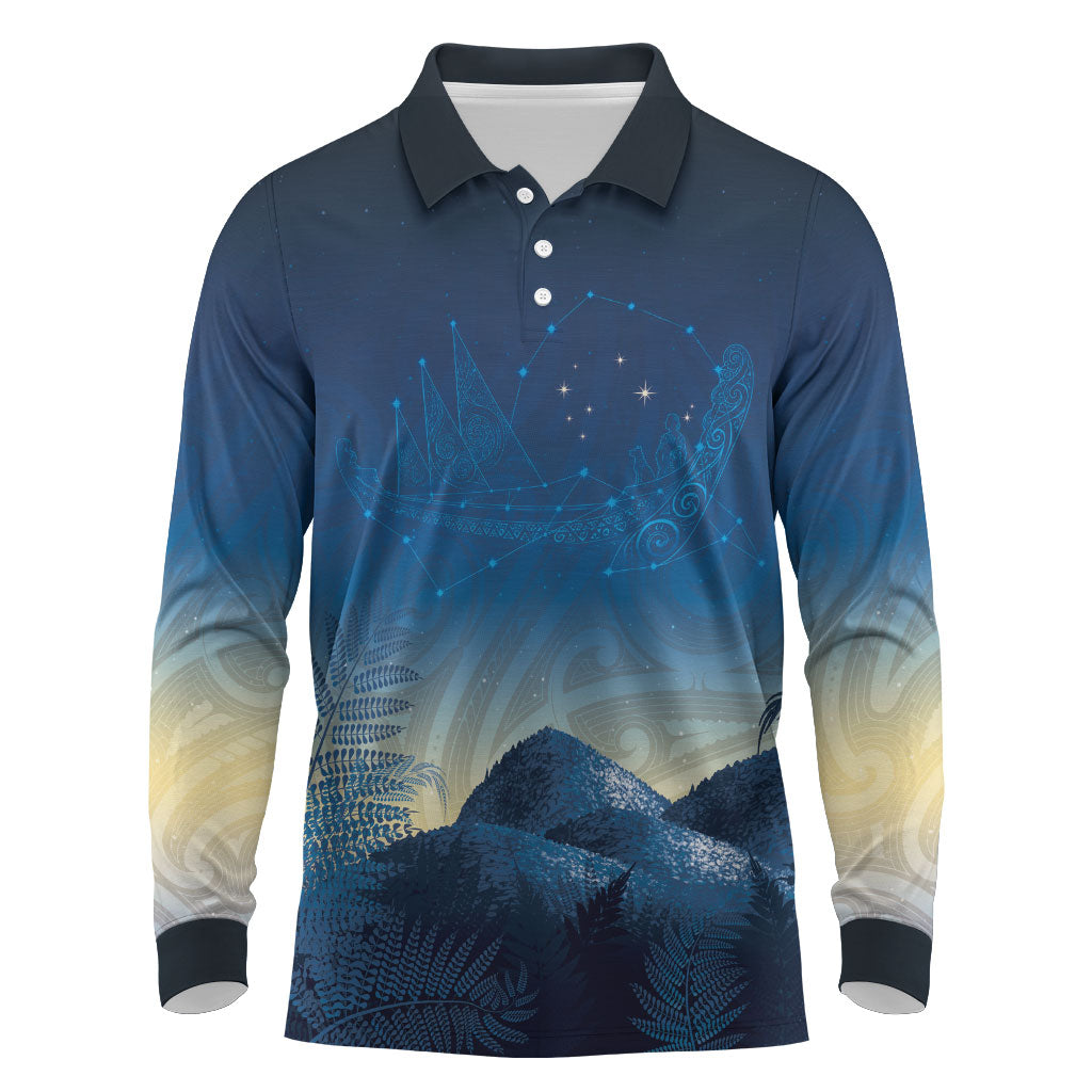 New Zealand Matariki Long Sleeve Polo Shirt Maori Waka With Silver Fern LT05 Navy - Polynesian Pride