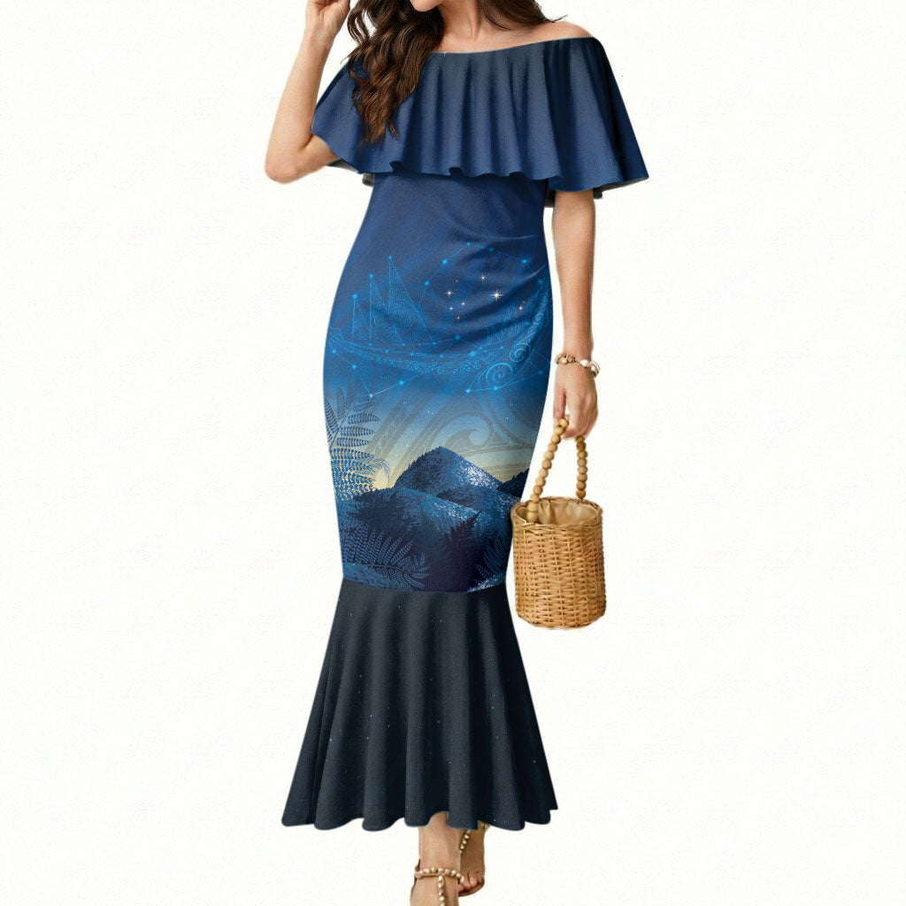 New Zealand Matariki Mermaid Dress Maori Waka With Silver Fern LT05 Women Navy - Polynesian Pride
