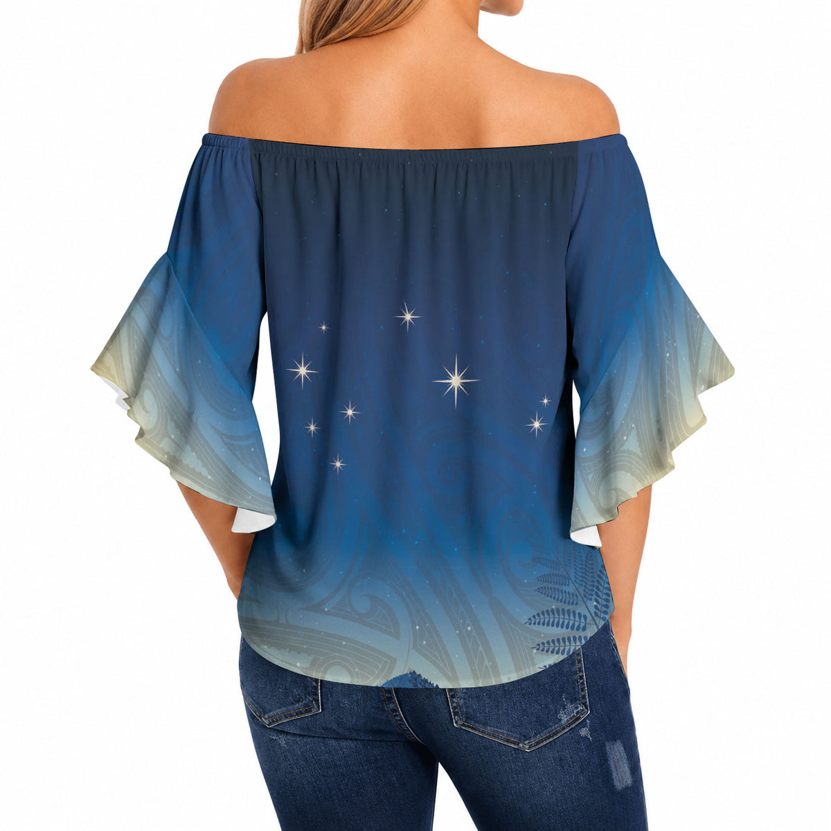New Zealand Matariki Off Shoulder Wrap Waist Top Maori Waka With Silver Fern LT05 - Polynesian Pride